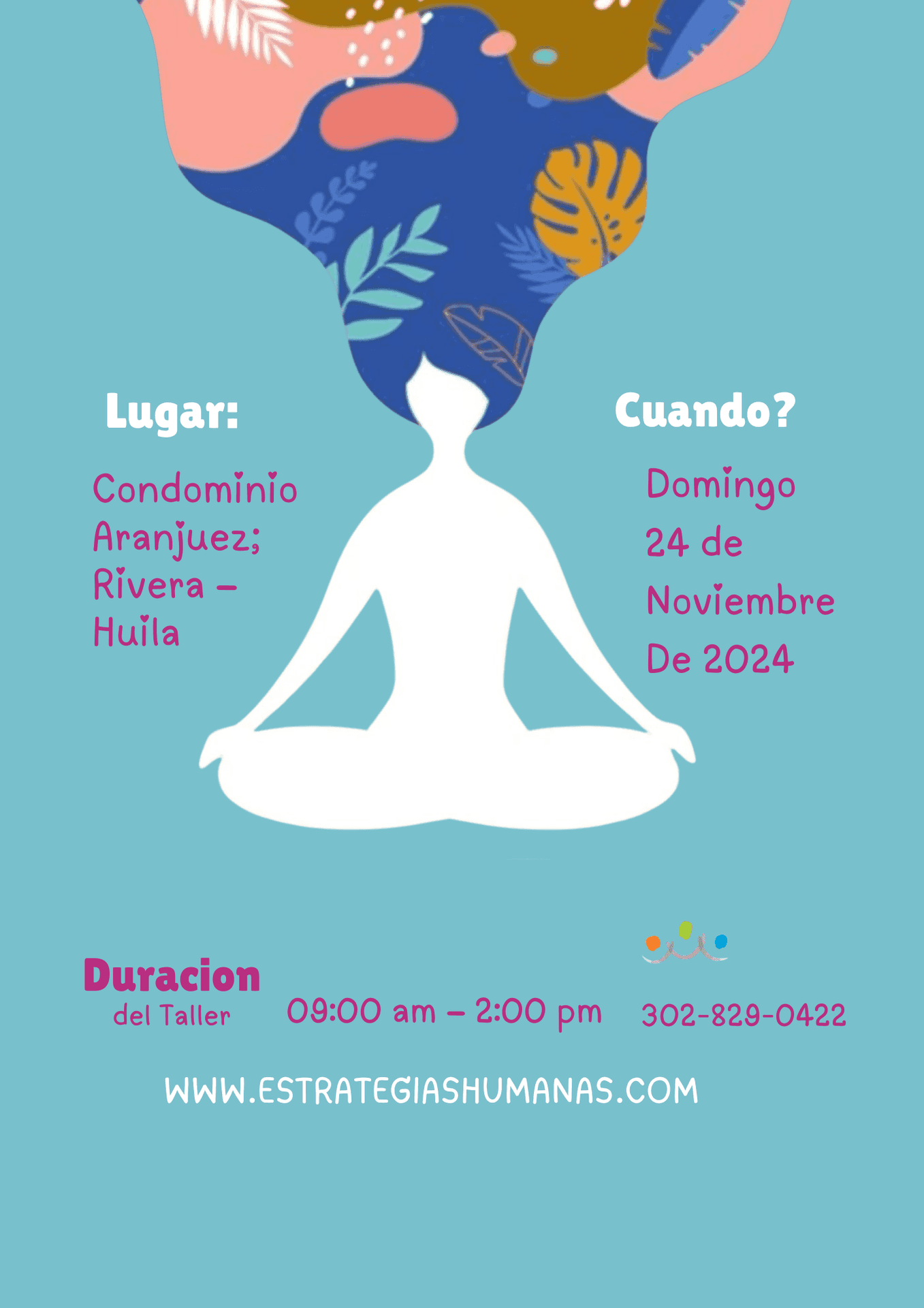 Workshop flyer with a silhouette in meditation and colorful patterns, including date and location details.