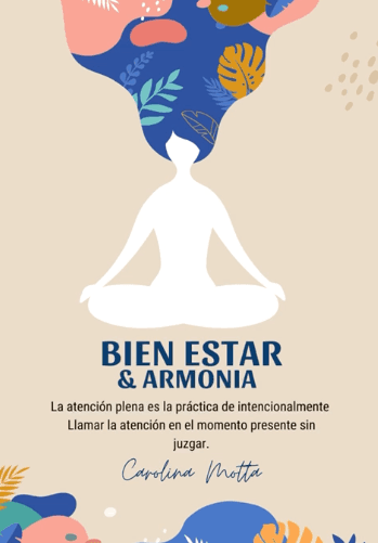 Silhouette of person meditating with colorful abstract shapes above, text about mindfulness and harmony below.